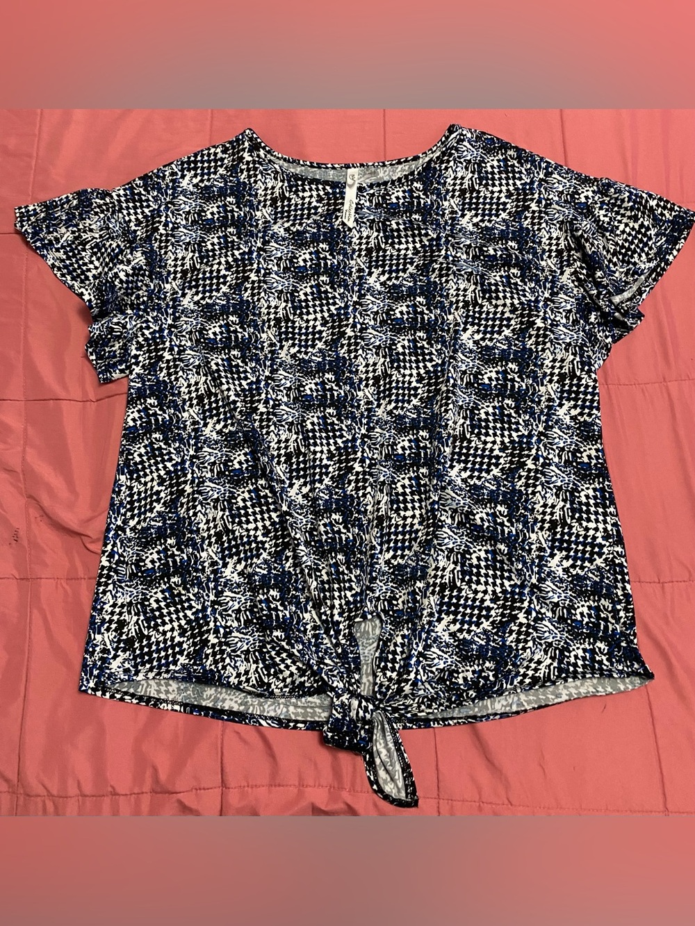 NY Collection Blue & White Tie-Front Short Sleeve Top